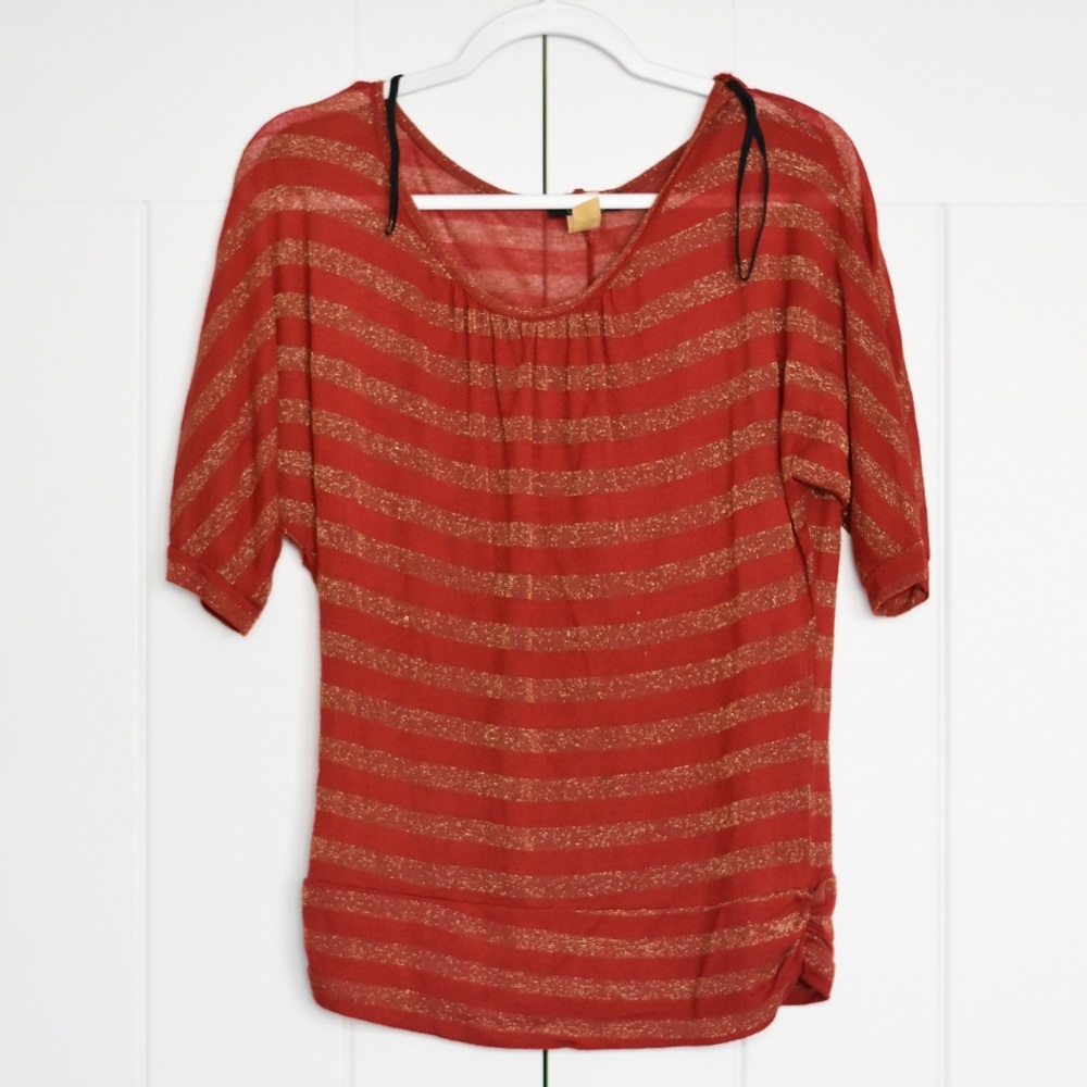 Red blouse with gold glitter stripes